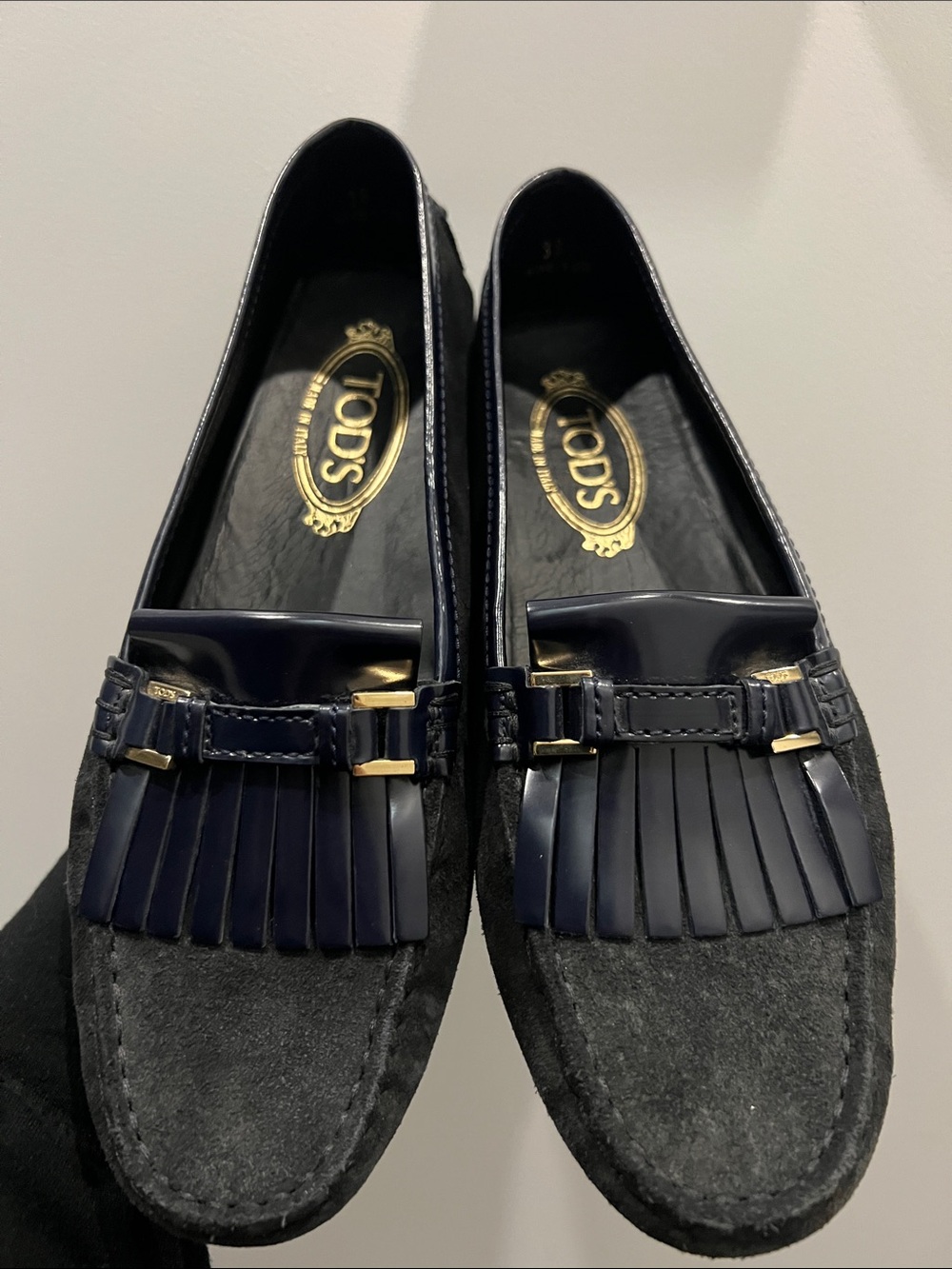 Tod's Navy & Charcoal Suede Kiltie Loafers with Gold Hardware
